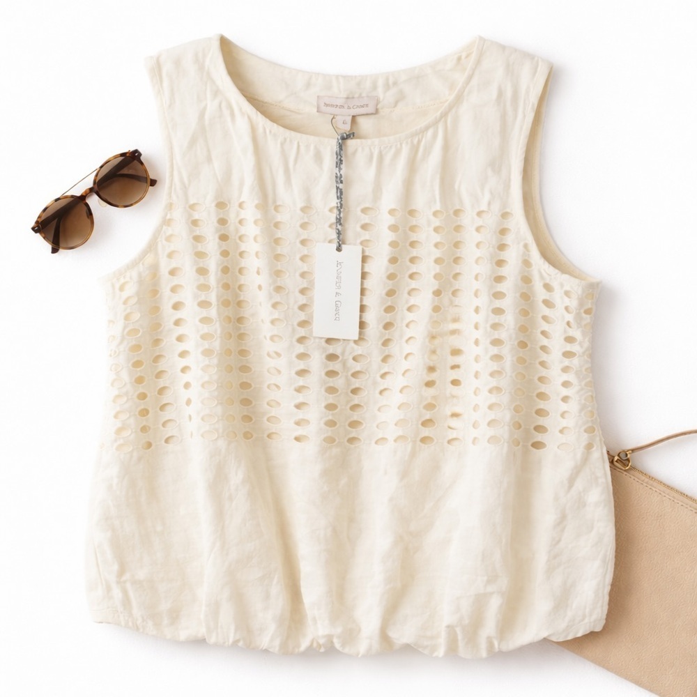 Jennifer & Grace Ivory Sleeveless Bubble Eyelet 100% Cotton Top, L, NWT